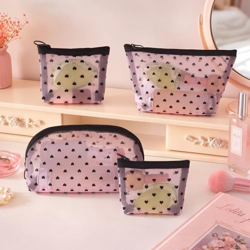 Pink Mesh Makeup Bag Set - 4 Pcs Heart Print Clear Cosmetic Organizer, Travel & Toiletry Bags