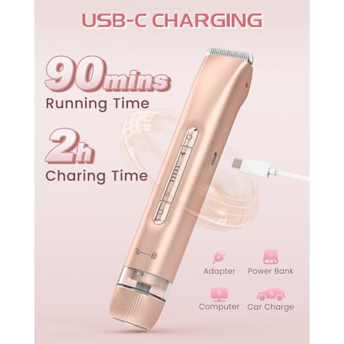 Bikini Trimmer for Women, Painless Dual Head Shaver for Sensitive Skin, IPX7 Waterproof for Safe Shower, USB-C, Detachable Head, Portable 2 in 1 Electric Razors for Pubic Hair, Rose Gold