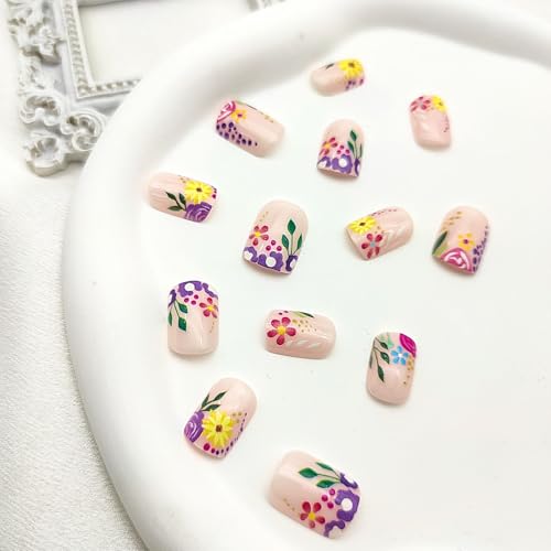 Short Square Press On Nails 24Pc with Flower Dots & French Tip