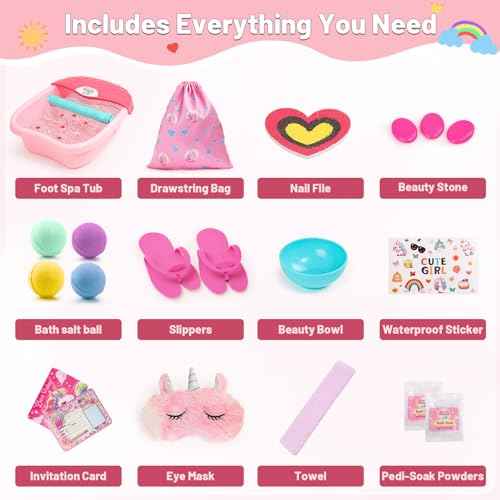 Kids Foot Spa Kit with Pedicure Set for Girls 3-8, All-in-1 Kids Spa Day Kit with Bubble Soak & Massage, Sleepover Party Birthday Gifts