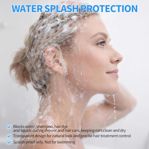 200 Pcs Disposable Waterproof Ear Covers for Shower Hair Dye & Bathing - Clear Plastic with Elastic, One Size for Adults - Creztail