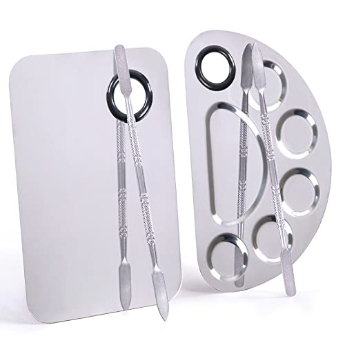 Stainless Steel Metal Makeup Palette with Spatula Artist Tool for Mixing Foundation Nail-Art, Cosmetic Makeup Palette, Makeup Plate, 6¡¿4"/Silver/2pcs