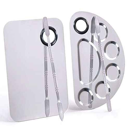 Stainless Steel Metal Makeup Palette with Spatula Artist Tool for Mixing Foundation Nail-Art, Cosmetic Makeup Palette, Makeup Plate, 6¡¿4"/Silver/2pcs
