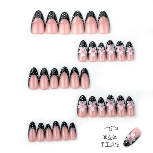 Medium Black & White Polka Dot French Tip Press on Nails with Flowers