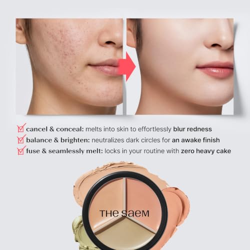 THESAEM Triple Pot Concealer Palette for Dark Circles & Contouring - 3 Shades, with Brush, 0.48 oz