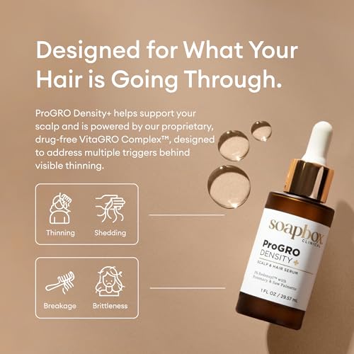 Soapbox ProGRO Density+ Hair Thickening Serum | Lightweight Scalp Serum for Thinning Hair | Supports Fuller-Looking, Stronger Hair, Clean Vegan Formula | 1 Month Supply, 1 oz