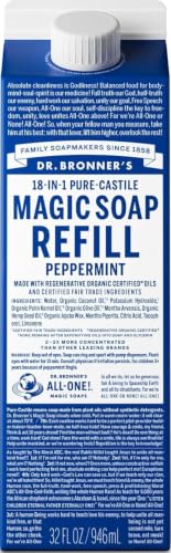 Dr. Bronner's Peppermint Pure-Castile Liquid Soap Refill 32oz – 86% Less Plastic, 18-in-1 Uses