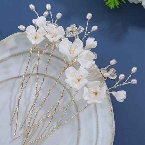 Handmade Bridal Wedding Hair Pins 5Pcs White Flower Zircon Pearl Hair Clips Bridal Hair Accessories for Women Girls Brides Bridesmaid