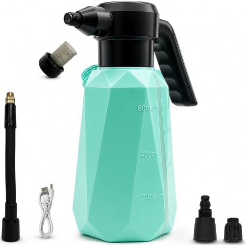 SYITCUN 1/2 Gallon Battery Powered Electric Spray Bottle with 2200mAh Battery, 3 Speeds, 2 Nozzles, Flexible Wand, Transparent Tank, Blue