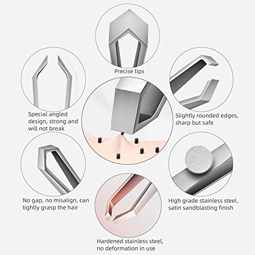 Beard Tweezers, White Hair Plucking, Fine Hair Removal, Eyebrows Shaping Tool, 5mm Tip, Stainless Steel, Cyan PU Case 1Pack