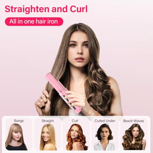 Prettrans Cordless Hair Straightener & Curler 2 in 1 - Mini, USB Rechargeable, Fast Heating, Portable Ceramic Flat Iron (Pink)