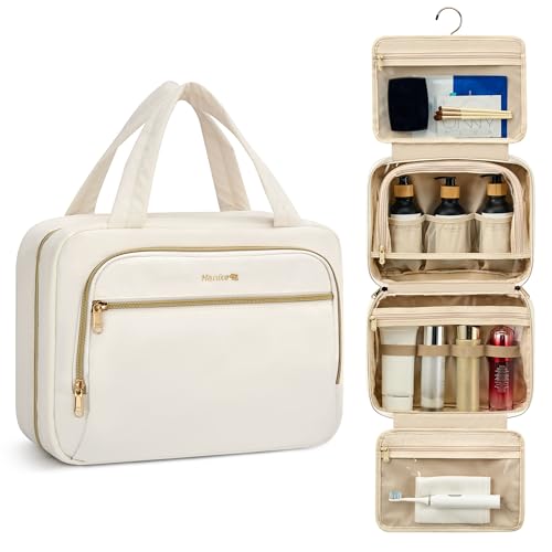 Hanke Hanging Travel Toiletry Bag for Women, Water-Resistant Makeup Organizer with Hook, Cosmetic Bag for Bathroom & Travel Essentials Accessories, Off White