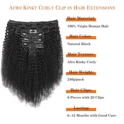 Afro Kinky Curly Clip in Hair Extensions Human Hair 4C Hair Clip in Extensions 8pcs 240g/set 10A Brazilian Virgin Natural Hair Clip Ins for Black Women Natural Black Color 14 Inch