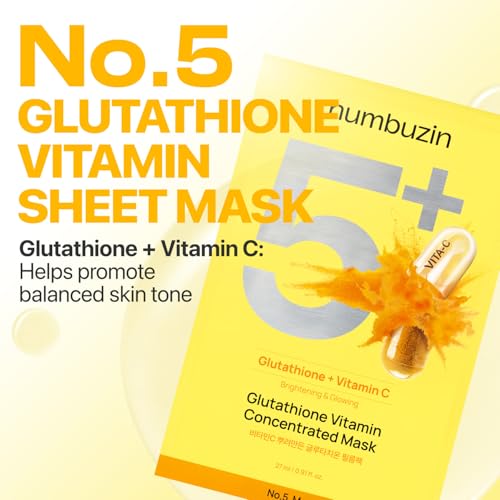 numbuzin No.5 Sheet Mask | Vitamin Spotlight Sheet Mask | Glutathione and Vitamin C | Reduces Hyperpigmentation, Improves Skin Complexion | Gentle and non-irritating | 5 sheet