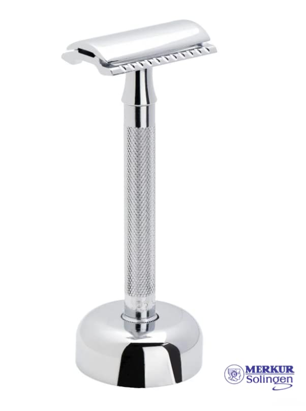 MERKUR 2381 Shaving Set with Stand Glossy Chrome | Three-Piece Razor with Straight Cut | Ideal for Wet Shaving | Die-Cast Zinc | Brass Handle | Made in Germany