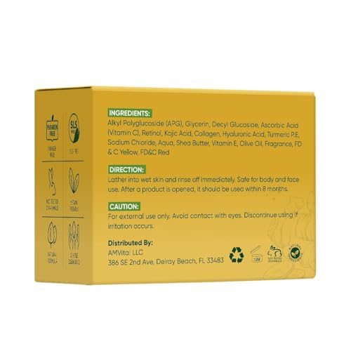 AMVital Turmeric Kojic Acid Soap Bars with Vitamin C, Retinol & Hyaluronic Acid ? Face & Body Soap with Collagen & Shea Butter ? 4-Pack Cleansing Bars for All Skin Types