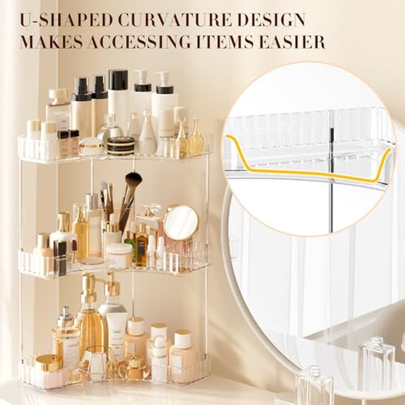 3-Tier Corner Bathroom Counter Organizer, Large Makeup Organizer For Vanity, Skincare Perfume Organizers For Women Or Men, Exquisite Corner Shelf For Bathrooms, Kitchens, Or Bedroom, (Clear, 3 Tier)