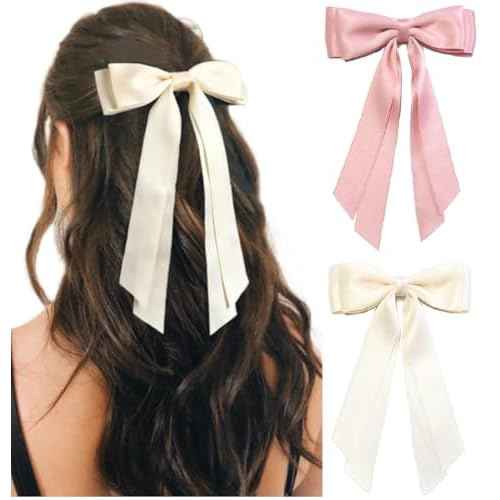 Hair Bows for Women Bow Clips Cute Ribbons Girls Ribbon Bows BowKnot Barrettes Tassel Bow Clips Fashion Hair Accessories for Women, Pink & Beige