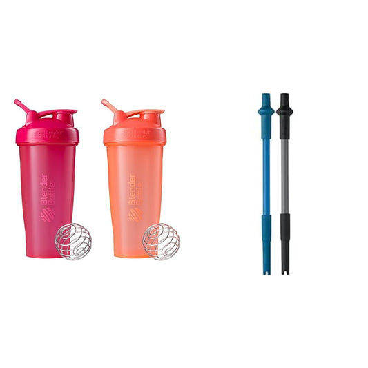 BlenderBottle Classic Shaker Bottle Perfect for Protein Shakes and Pre Workout, All Pink and Coral & Stay-In-Bottle Reusable Silicone Straws for Shaker Bottles, Black and Blue (2 Pack)