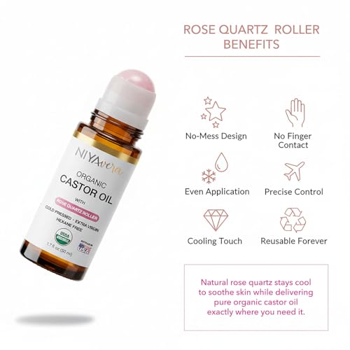 Organic Castor Oil Roll-On with Rose Quartz - 1.7 oz Cold Pressed, Hexane-Free for Skin & Body