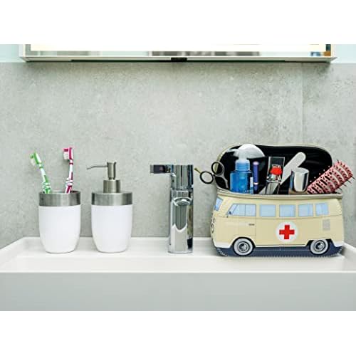 BRISA VW Collection - Volkswagen Neoprene Universal Makeup Cosmetics Toiletry Travel Pharmacy Bag in T1 Bus Design (Ambulance/Beige) (Small (9.1 x 4.3 x 3.1 inches))