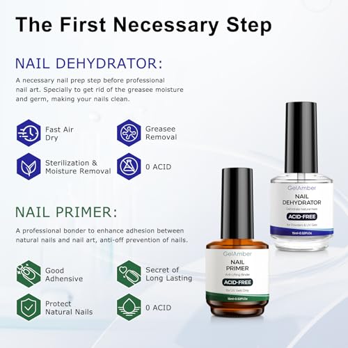 GELAMBER 4Pcs Nail Primer, Dehydrator, Base & Top Coat Set with Nail File – Gel Nail Supplies