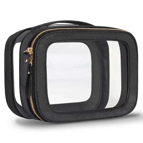 Beaulyn Clear Makeup Bag for Women - Waterproof Travel Toiletry Bag, Transparent Leather Cosmetic Organizer with Handle, Large Makeup Pouch for Travel