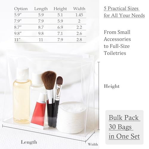 Clear Makeup Bag, Circloophs 30 Pack Large Cosmetic Bags with Zipper TSA Approved Travel Bags Bulk for Toiletries Plastic EVA Water-resistant Reusable Pouches for Bathing Suit Bikini, 8.7" x 7" x 2.2"