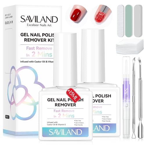 SAVILAND 2 Minutes Quick & Easy Gel Nail Polish Remover Kit: 2 PCS Soak-off Gel Polish Remover Rich in Castor Oil & Vitamin E, with Cuticle Oil Pen Nail Tools for Gel Nails Remove Home Salon Use