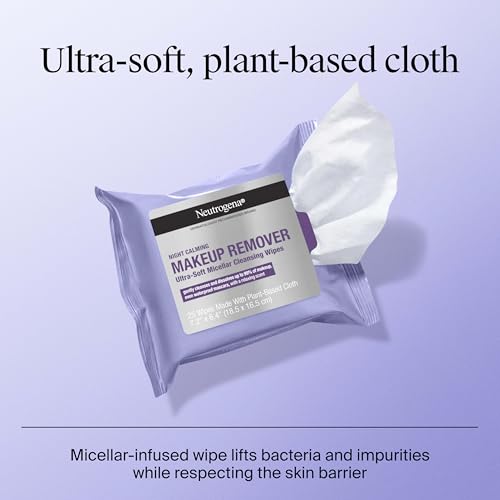 Neutrogena Makeup Remover Night Calming Cleansing Towelettes, Disposable Nighttime Face Wipes to Remove Dirt, Oil & Makeup, 25 ct