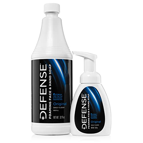 Defense Liquid Foaming Face & Hand Soap 7.5 Fl Oz and Refill with Tea Tree, Eucalyptus, Jojoba, Aloe Vera, Olive & Coconut Oils