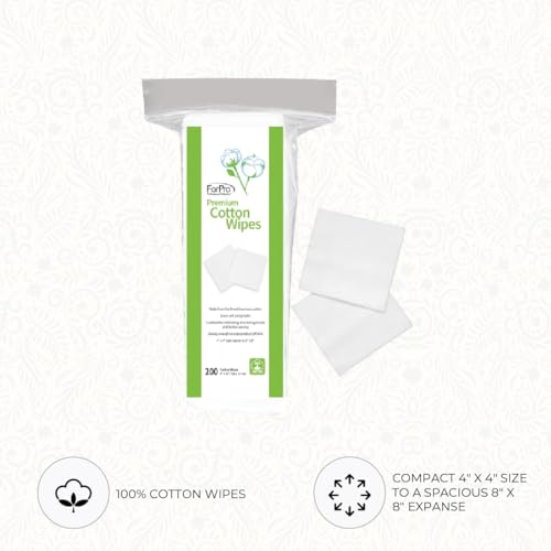 ForPro Premium 100% Cotton Wipes - 4x4 Lint-Free Facial Pads (200 Count)