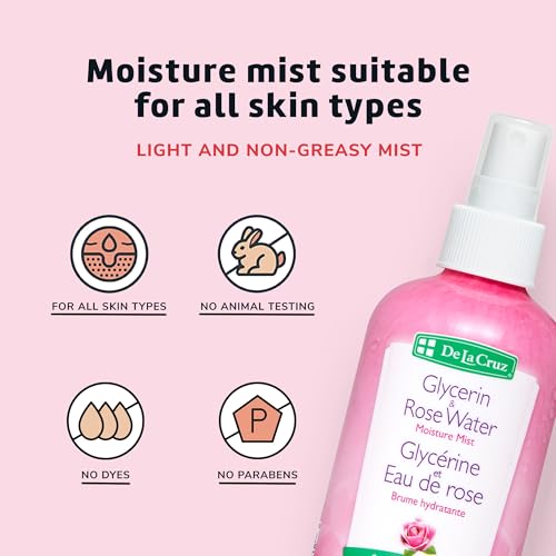 De La Cruz Rose Water and Glycerin Spray for Face - Rosewater Facial Toner and Moisturizer Mist for Skin and Hair 8 fl oz (236 mL)