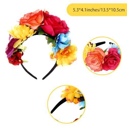 Nydotd Mexican Rose Flower Crown Headband, Day of The Dead Floral Rose Crown Headband Headpiece for Halloween Costume Party