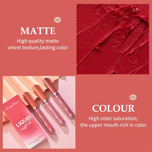 3-Piece Matte Liquid Lipstick Set, Nude Brown, Long-Lasting Waterproof