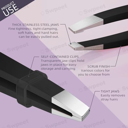 Swpeet 12Pcs 3.79 Inches Black Eyebrow Tweezers Stainless Steel Slant Tip Tweezers Kit, Professional Eyebrow Facial and Hair Remover, Slant Pointed Precision Tweezers Fits for Men and Women