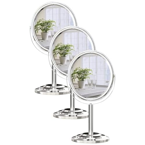 Tabletop Makeup Mirror, Two Sided 1X & 3X Magnifying Mirror, Magnified Vanity Mirror with 360 Degree Swivel for Bathroom or Bedroom, Chrome Finish, Silver (Pack of 3)