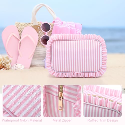 Kigeli Striped Ruffle Makeup Bag Preppy Makeup Pouch Large Travel Cosmetic Bag Nylon Waterproof Toiletry Make up Organizer for Women (Pink)
