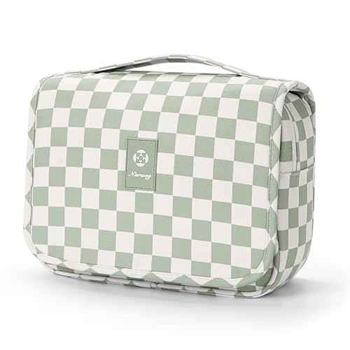 Narwey Small Hanging Travel Toiletry Bag for Traveling Women, Checkered Travel Bag for Toiletries, Makeup Bag Organizer Make Up Cosmetic Bags (Mint Green Checkerboard)
