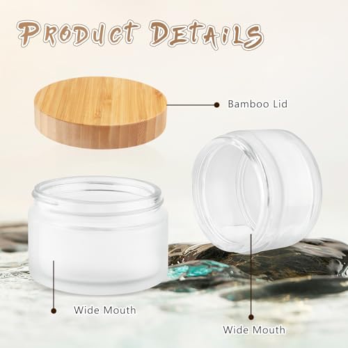 4 Pcs 200g/6.7oz Frosted Cosmetic Containers Glass Jar Empty Sample Jars with Bamboo Lids for Cream Lotion Lip Balm Makeup