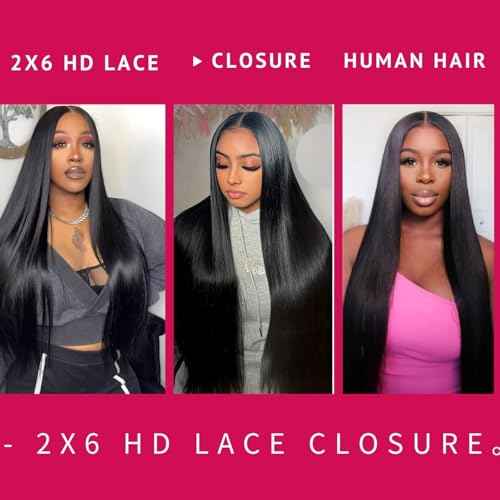 2x6 Hd Lace Closure, Middle part Straight Human Hair Closure Invisible Real HD Lace, 14 Inch 2 by 6 Skinlike Lace Frontal Closure Only Bleached Knot Pre-Plucked Natural Hairline Natural black 14inch