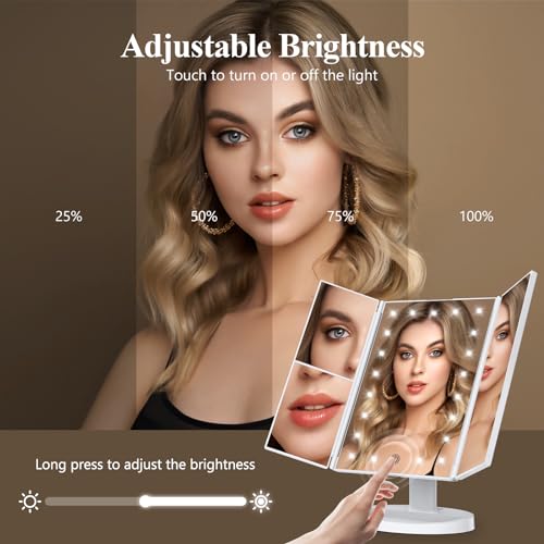 HUONUL Trifold Vanity Mirror with Lights, 2X/3X/10X Magnification