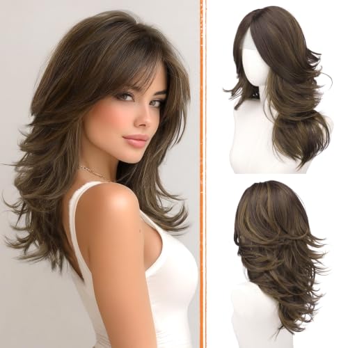 Haloo Brown Layered Wigs with Curtain Bangs & Highlights - 20 Inch Synthetic Hair for Women