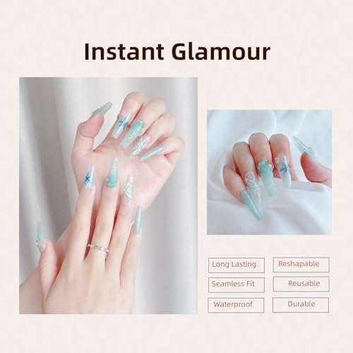 LARSOOY Nails Handmade Press on Nails Long Coffin | Handmade Nails with Mint Mambo Crystal Butterfly | Reusable Fake Nails for Cool Summer | False Nails 10 Pcs (Blue Dreamscape, S)