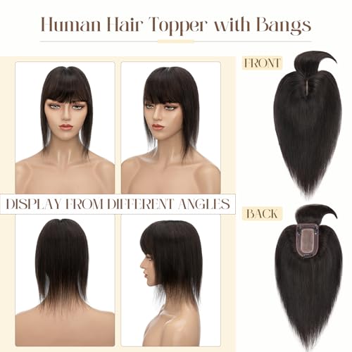 Human Hair Topper with Bangs - 12 Inch Remy Silk Base for Thinning
