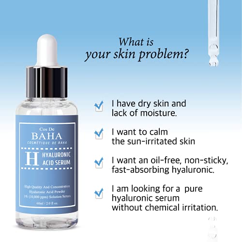 Cos De BAHA Hyaluronic Serum 2 Fl Oz ? Pure Sodium Hyaluronate 10,000 ppm Hydrating Face Serum for Dry & Dehydrated Skin ? Lightweight Fragrance-Free Korean Skincare Formula (60 ml)