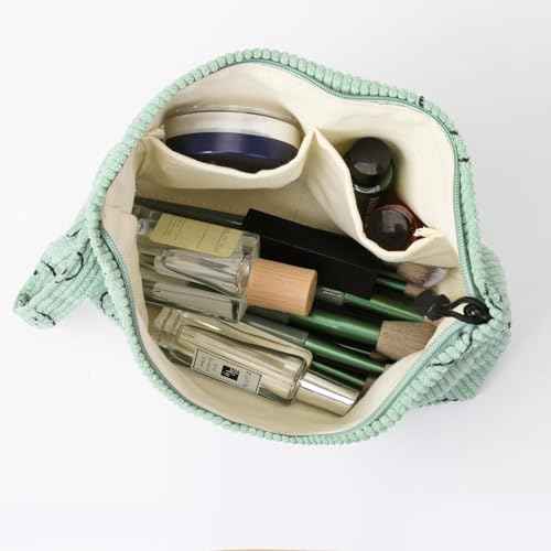 Small Cosmetic Bag set for Women Corduroy Makeup Bag with Interior Pocketes Cute Corduroy Makeup Pouches Women Small Toiletry Bag (Beige Smile)