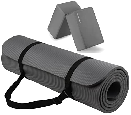 Signature Fitness All Purpose 1/2-Inch Extra Thick High Density Anti-Tear Exercise Yoga Mat with Carrying Strap with Optional Yoga Blocks, 9"L x 5"W x 24"Th, Multiple Colors