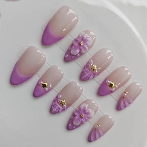 Purple French Tip Almond Press On Nails Medium Handmade