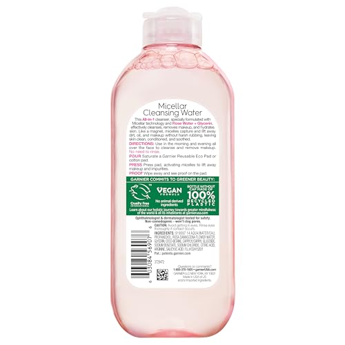 Garnier Micellar Water with Rose Water and Glycerin, Hydrating Facial Cleanser & Makeup Remover, For All Skin Types, Vegan, Cruelty Free, 13.5 Fl Oz (400mL), 2 Count